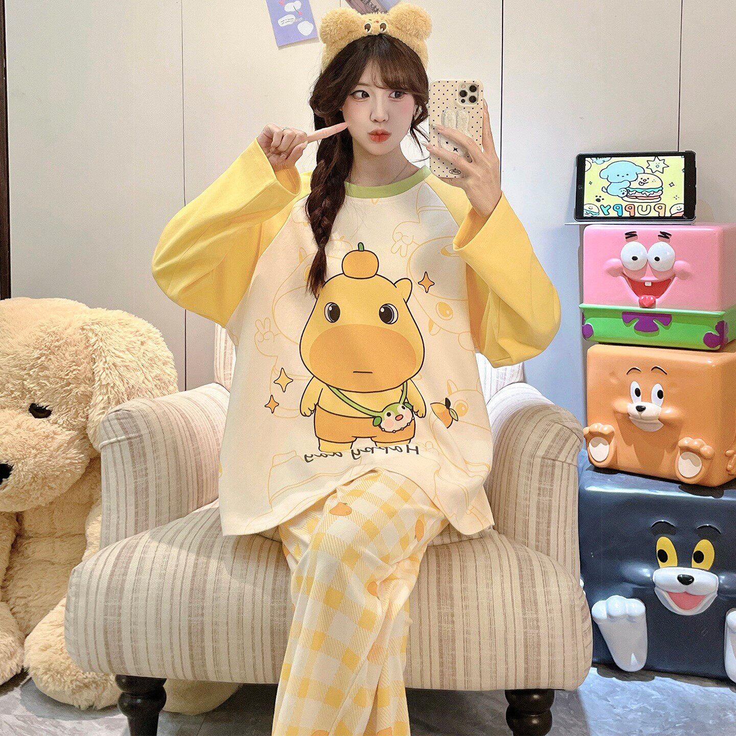 儿童睡衣女孩纯棉长袖春秋季女童空调服冬天可爱星星图案八岁春天