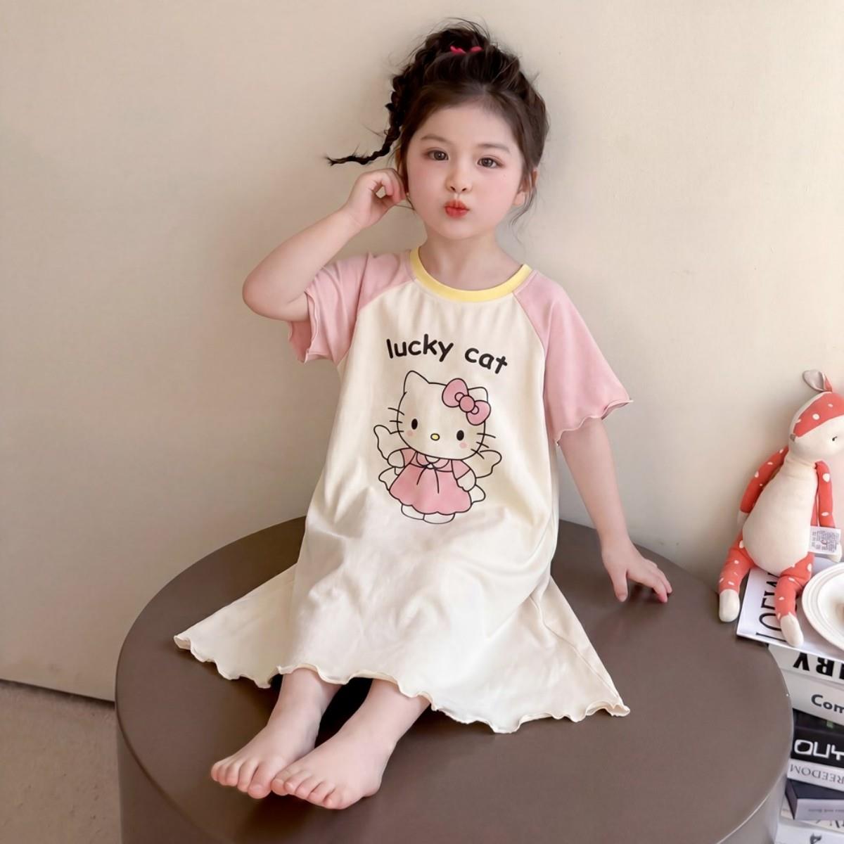 女童睡裙夏季薄款纯棉春外穿五岁睡衣女孩儿童中长款短袖七十四岁