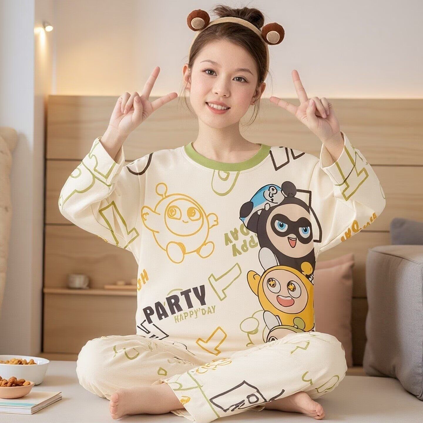 睡衣女孩春秋季长袖潮冬天空调服星星五周岁妹妹裤子卡通图案儿童