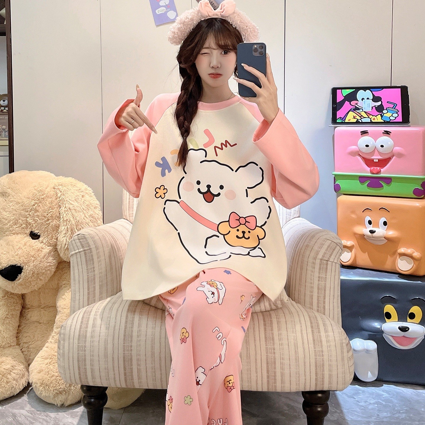 儿童睡衣女孩纯棉长袖春秋季加码保暖装女童冬天圆点空调服姐妹潮