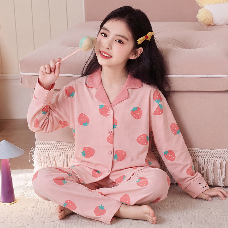 女孩春秋季纯棉长袖衣服青少年小猫女童冬天大童三岁八岁儿童睡衣