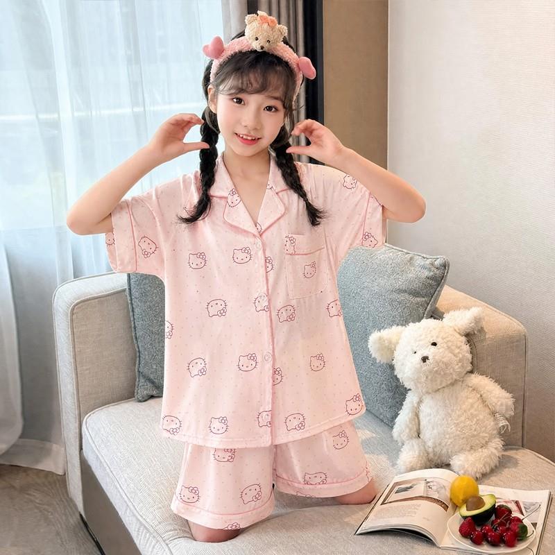 睡衣夏季女孩卡通风五周岁六十四空调女童儿童粉色冰丝薄款十二岁