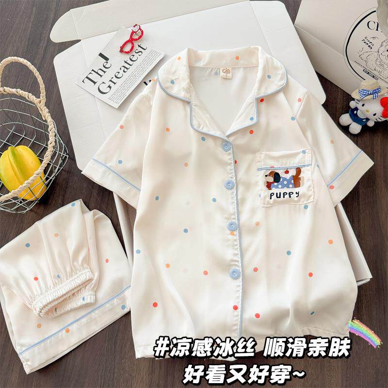 睡衣夏季女孩蓝色冰丝女童儿童薄款五岁加大码好看的十潮款短裤六