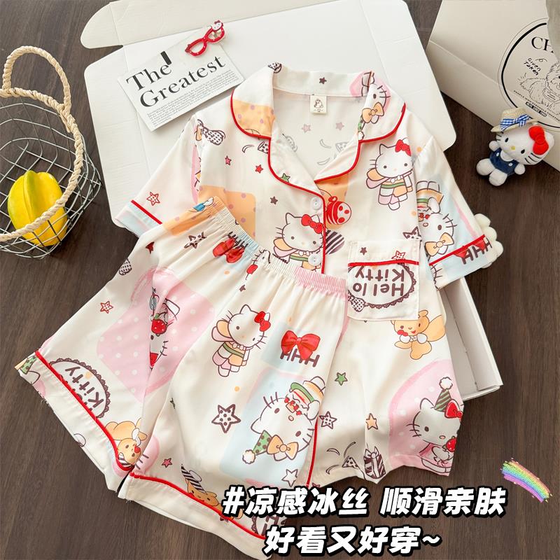 睡衣夏季女孩居家服韩版春天儿童冰丝薄款女童套装十岁至十五岁六