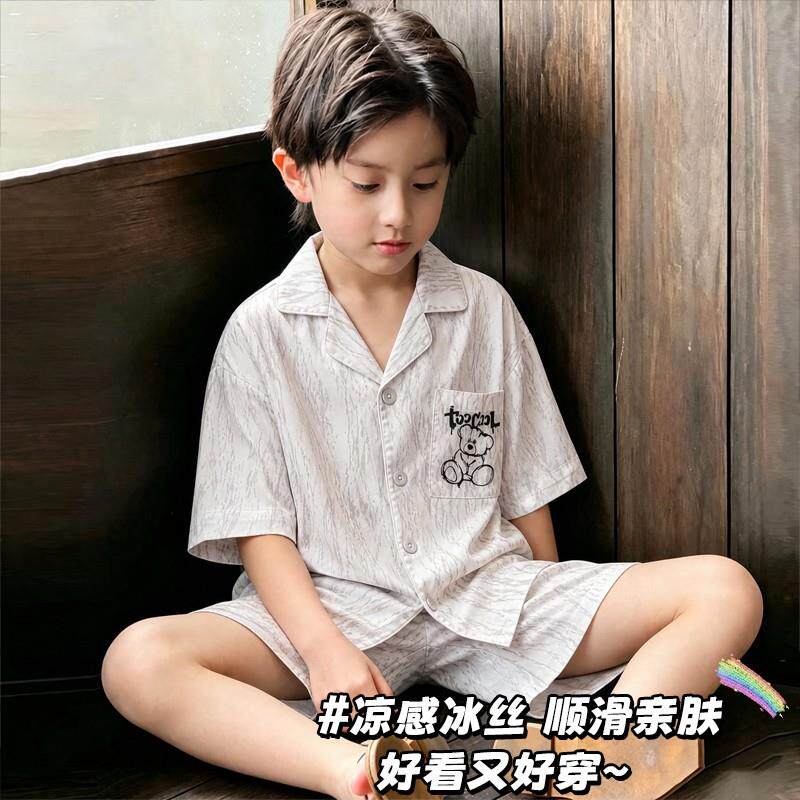 睡衣夏季男孩五分裤胖大童十周岁孩子十少年套装冰丝薄款男童儿童