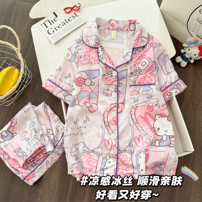 睡衣夏季女孩女童冰丝薄款卡通熊儿童七周岁夏外穿三周岁加码宝宝