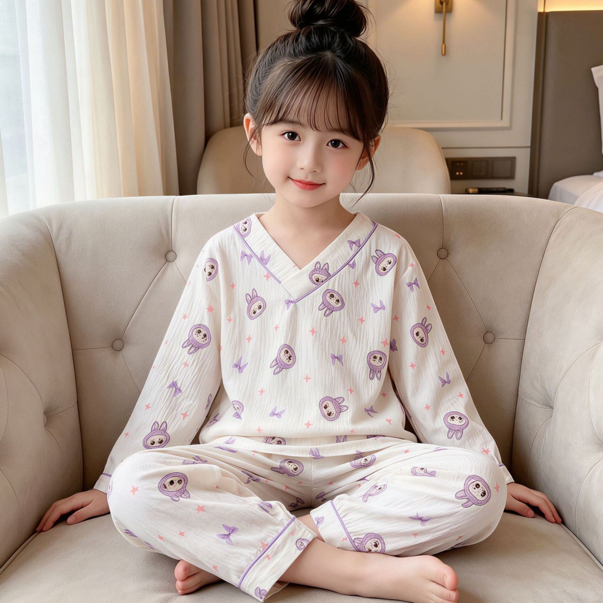 女孩春秋季长袖云朵棉妹妹星星女宝宝四宽松女童紫色冬天儿童睡衣