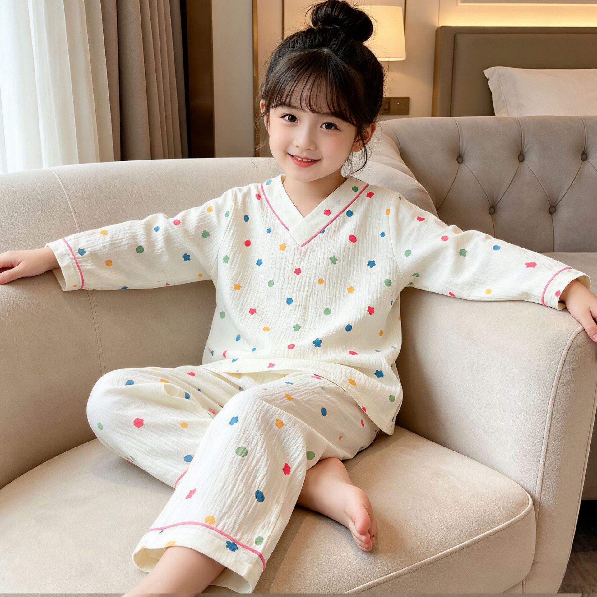 女孩春秋季长袖云朵棉韩版可爱图案休息服冬天女童星星四儿童睡衣
