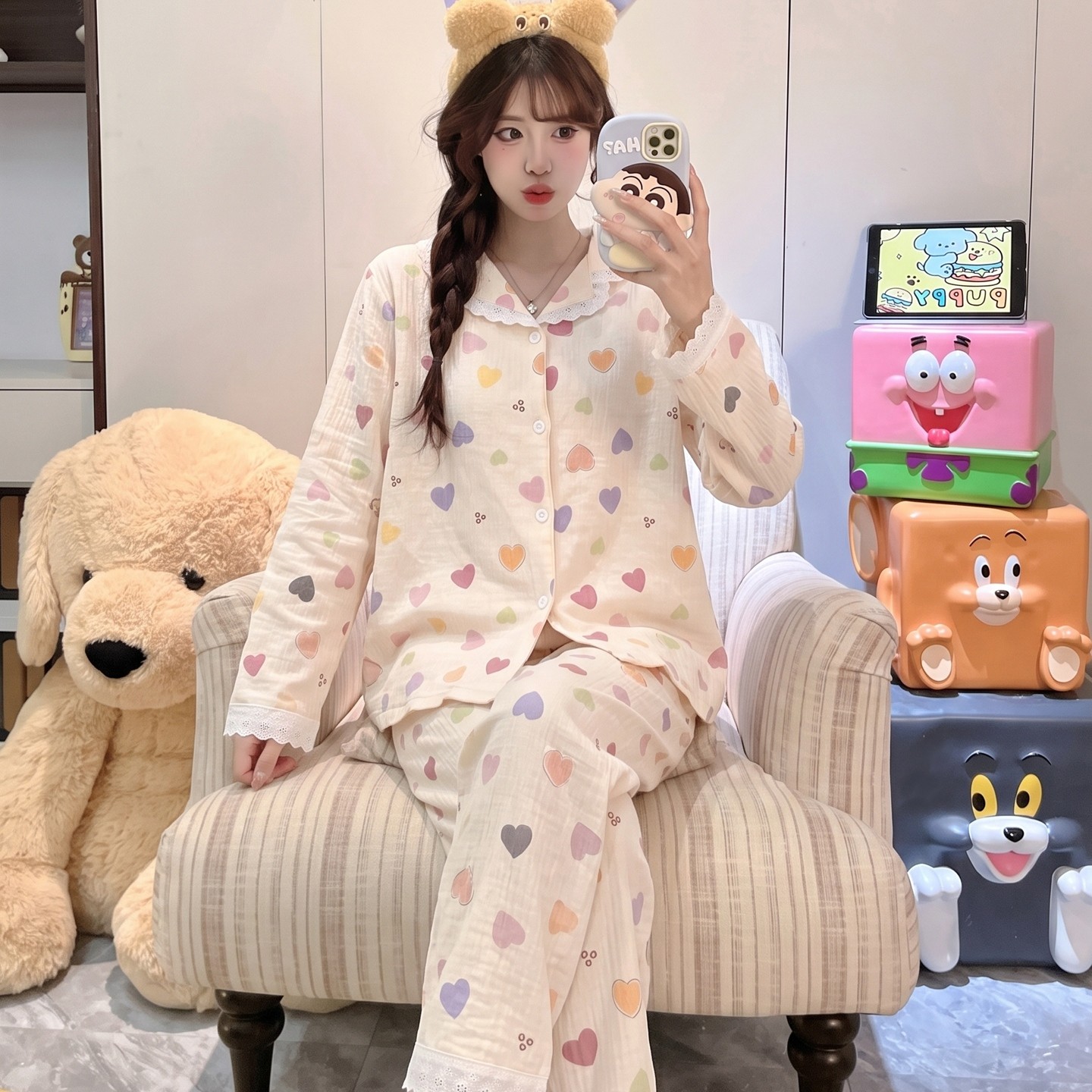 睡衣女款女孩儿童薄款云朵棉空调服冬长袖春秋季小灰猫中童休息服