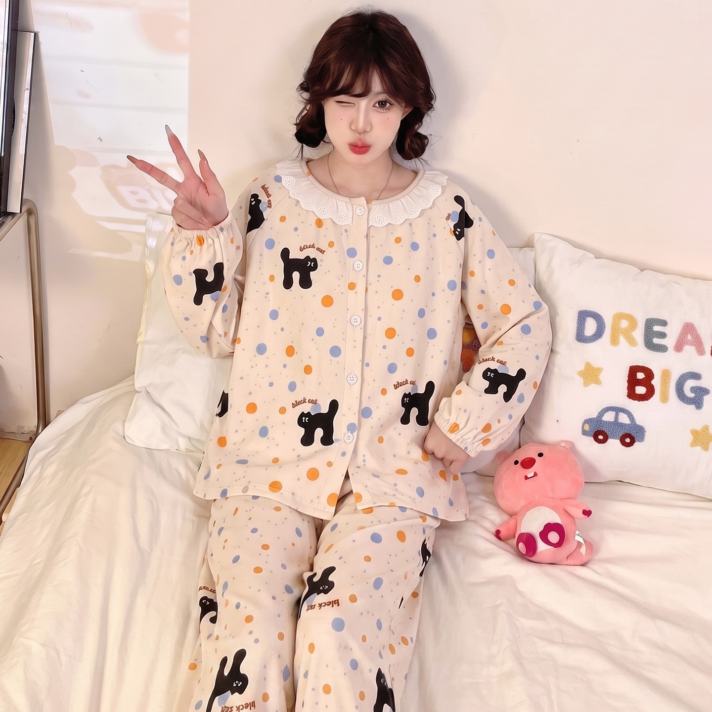 睡衣女款女孩四季儿童云朵棉空调服春秋季冬蓝白色薄款长袖家居裤