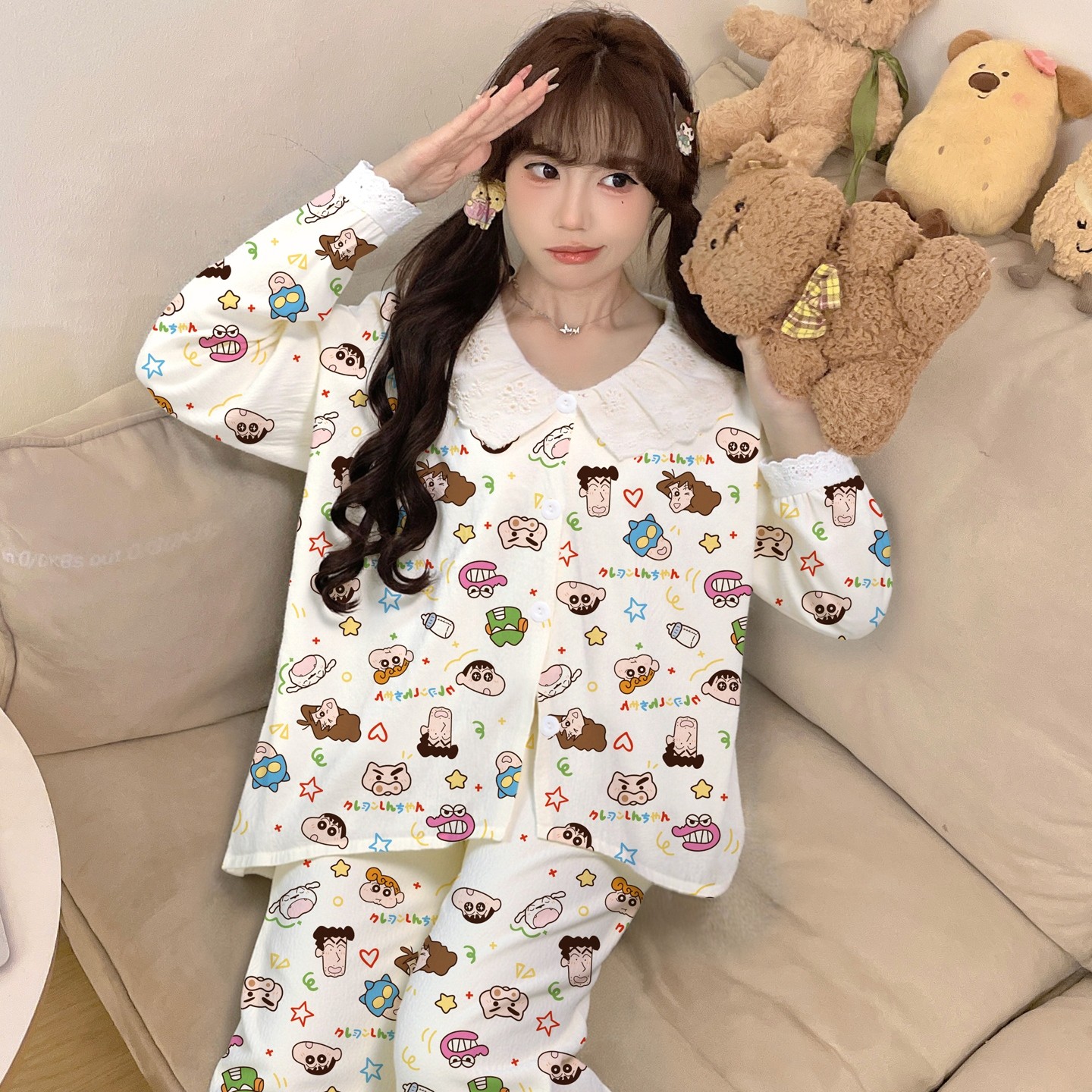 睡衣女款女孩青少年七周岁儿童蓝色空调服长袖春秋季薄款云朵棉冬