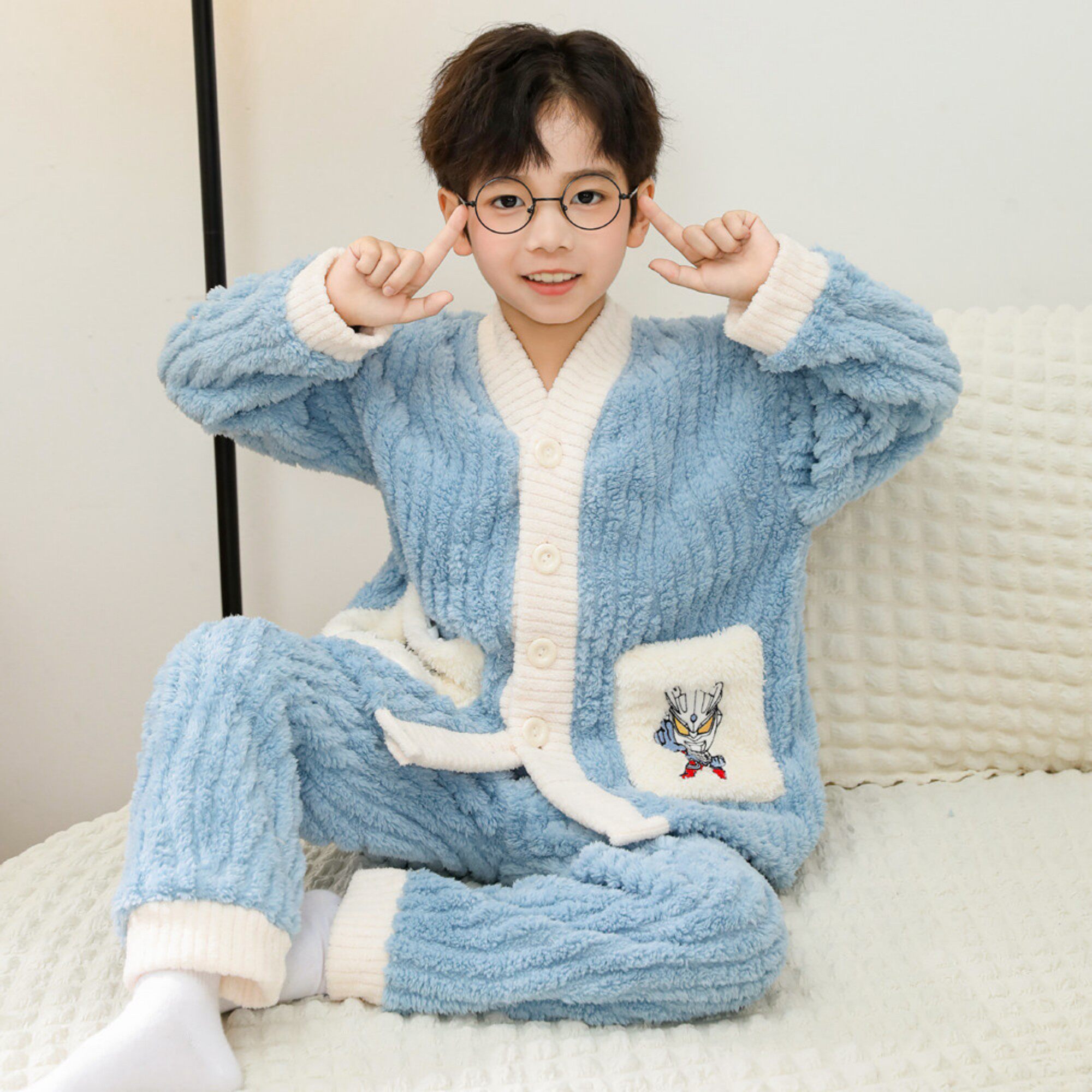 儿童睡衣男童加厚湖蓝色男孩珊瑚绒冬季开衫套装秋冬款法兰绒宝宝