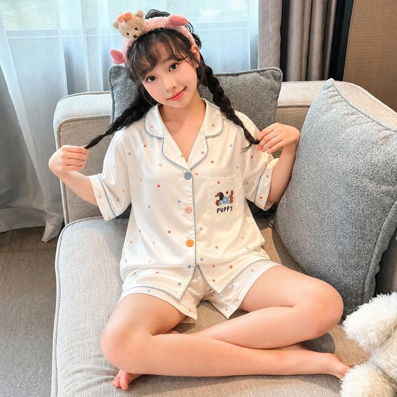 睡衣夏季女孩姐弟中童休闲初中生冰丝儿童女童薄款对襟孩子八周岁