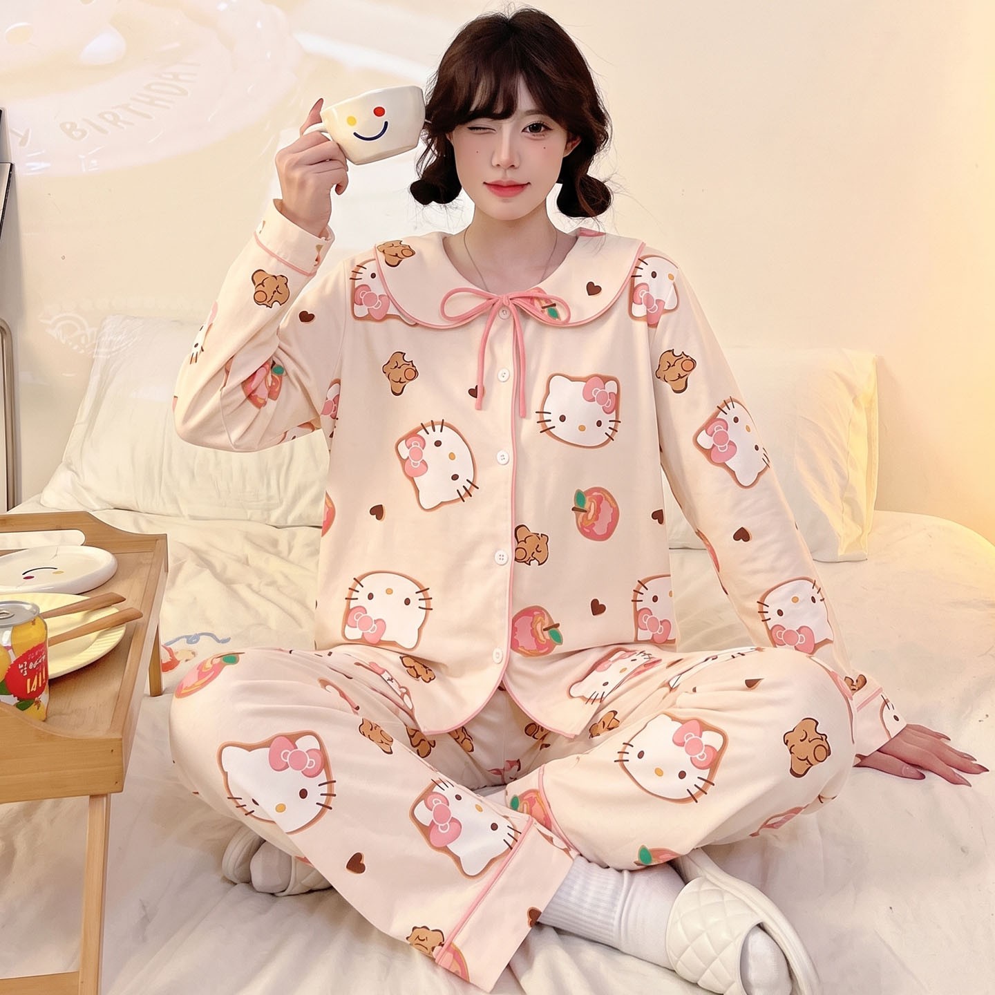 睡衣女款女孩儿童蓝色冬春秋季长袖云朵棉薄款空调服十二高中十六
