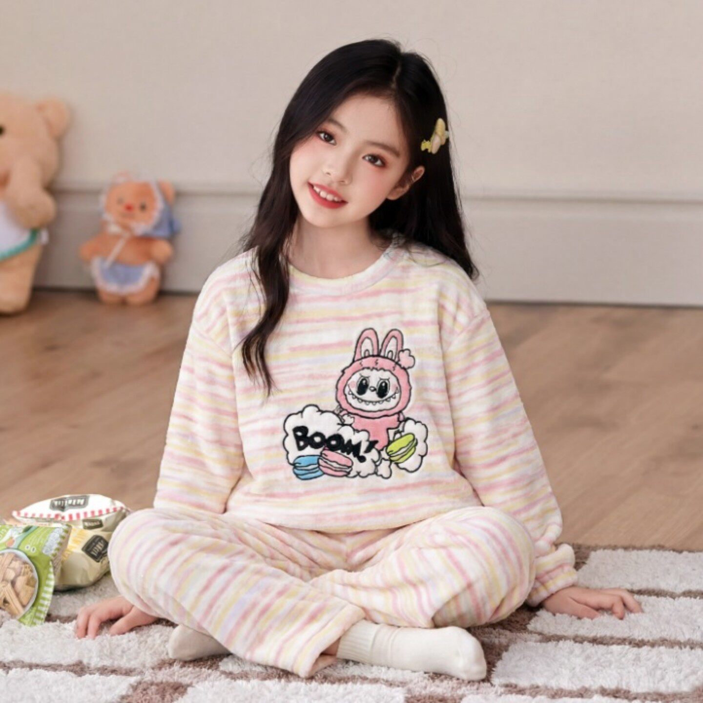 睡衣女孩秋冬款加绒珊瑚绒衣服冬季空调服卡通女童加厚保暖装儿童