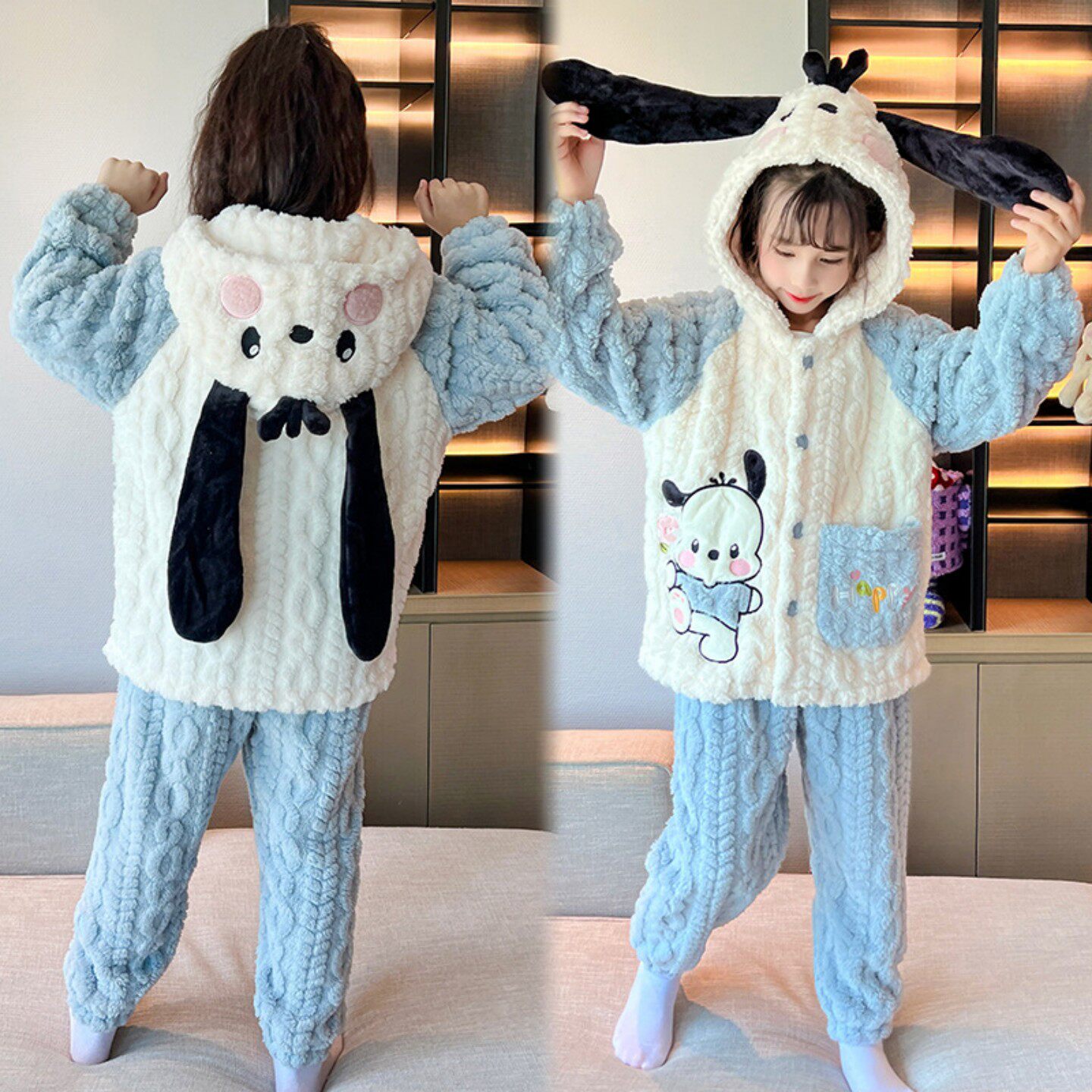 女童秋冬款珊瑚绒动漫三六加厚法兰绒女孩冬季儿童套装可爱兔睡衣