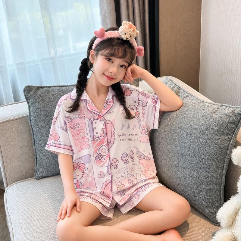 睡衣夏季女孩潮款十五岁五周岁九岁卡通熊冰丝薄款女童儿童九休闲