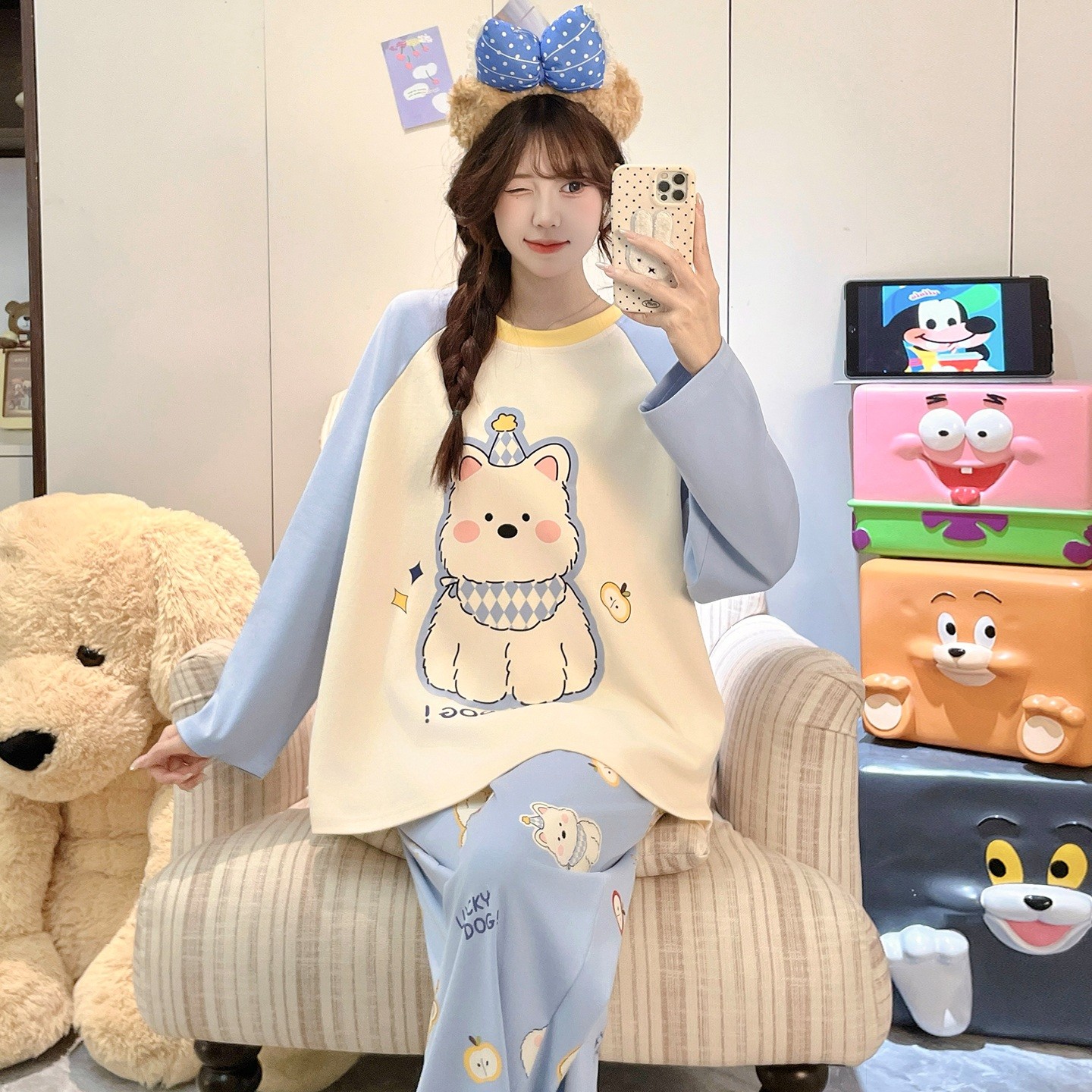 儿童睡衣女孩纯棉长袖春秋季套头外穿女童冬天空调服黑灰色三周岁