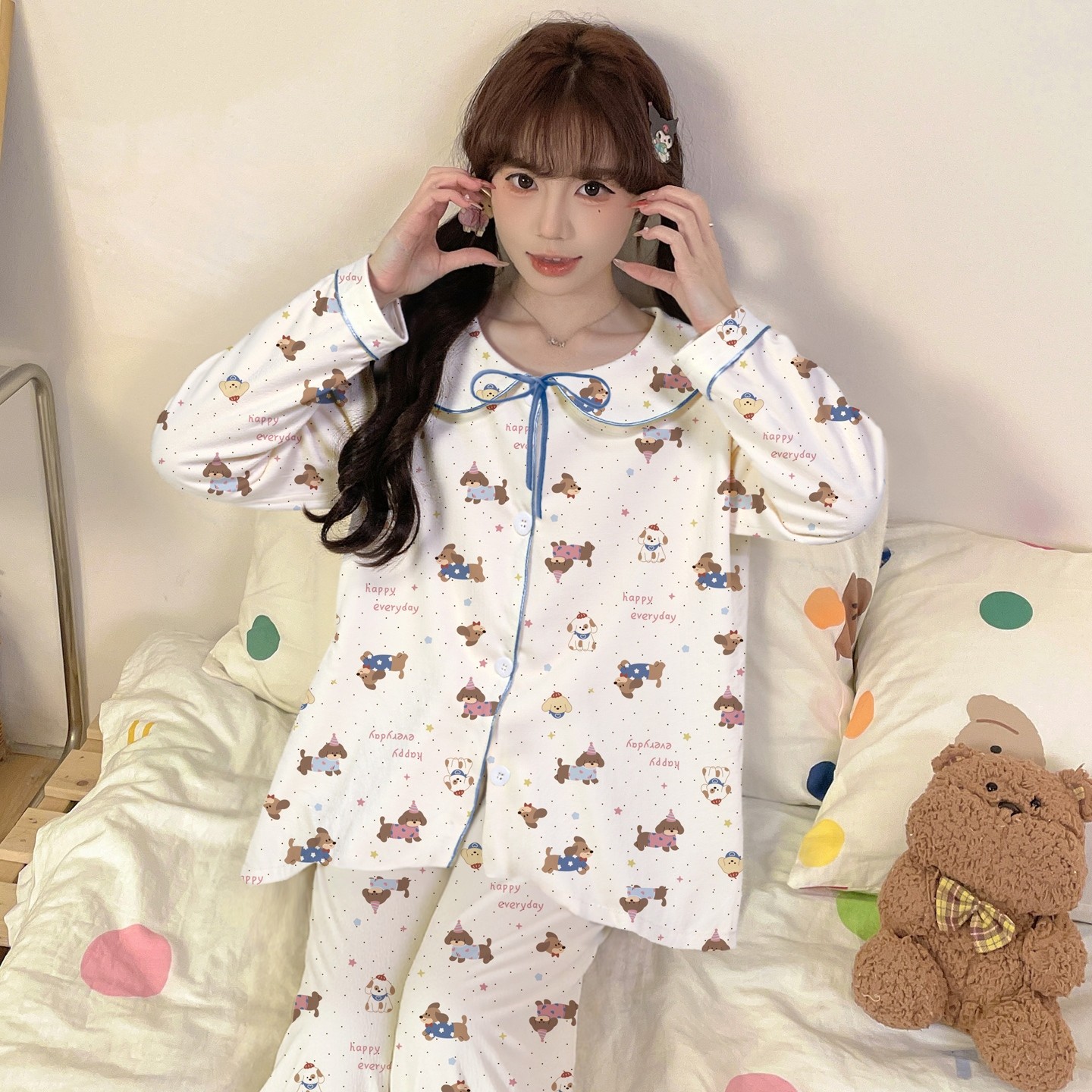 睡衣女款女孩居家服可外穿儿童云朵棉薄款长袖空调服冬桃心春秋季图片