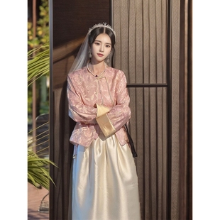 国风禅意茶服套装 女装 粉色盘扣上衣裙子两件套 新中式 进口早秋季