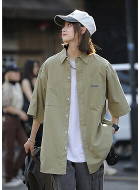 绿色工装短袖衬衫男式潮牌潮流cityboy日系情侣装7分袖衬衣