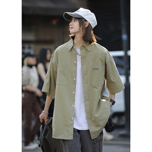 绿色工装短袖衬衫男式潮牌潮流cityboy日系情侣装7分袖衬衣