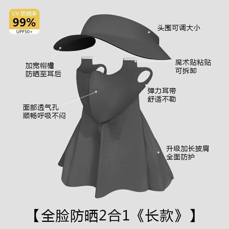 进口夏季防晒面罩全脸遮阳黑胶帽子一体冰丝口罩女防紫外线骑车