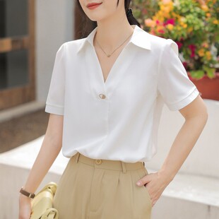 白色雪纺衬衫女款夏季2025设计感宽松职业装V领上衣短袖衬