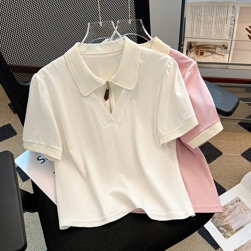 进口撞色翻领假两件短袖T恤女2025夏季半拉链POLO领半袖体恤上