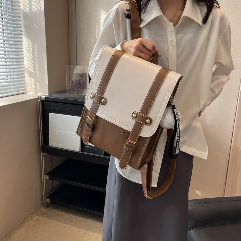 胖东来2023撞色潮流pu双背包睿营大容量双肩包学生书包女士背包