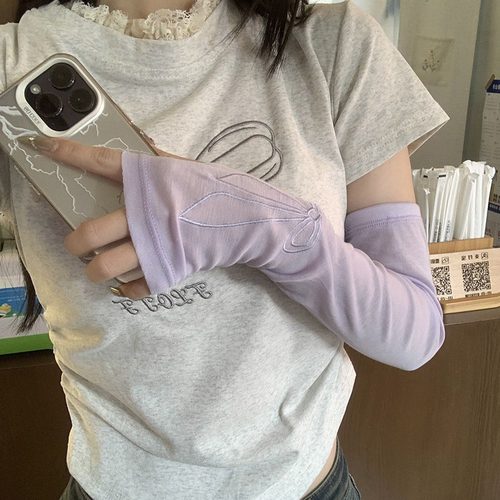 进口夏季防晒袖套女刺绣蝴蝶结冰袖户外出游骑行护手臂护手腕遮