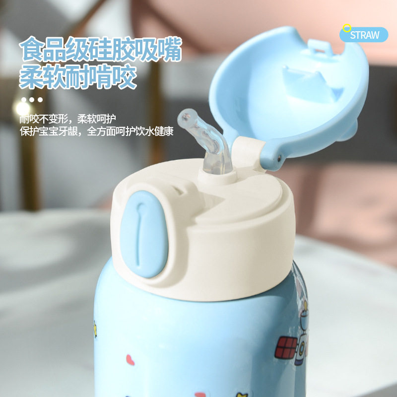 进口真空不锈钢保温杯儿童弹跳双饮吸管大肚杯户外便捷背带水杯