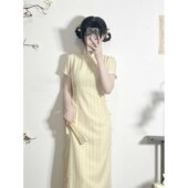 旗袍改良日常文艺小清新淡雅黄色粉色条纹 进口复古民国风新中式