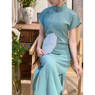 进口古法曳地旗袍夏季2025平裁连肩袖长款微胖遮肚子显瘦