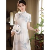 小个子A字连衣裙2025年文艺女连衣 进口复古改良奥黛旗袍新中式