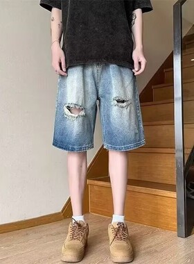 进口山姆夏季薄款五分牛仔短裤男韩版潮流破洞修身休闲潮牌裤子男