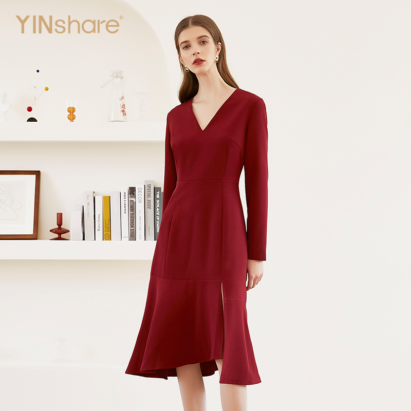 映想V领荷叶边裙长袖连衣裙