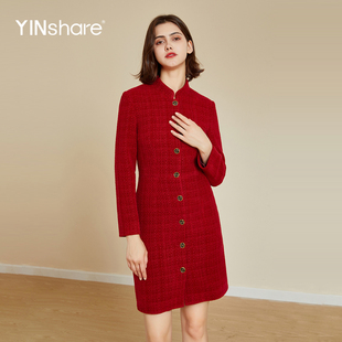 气质女花呢长连衣裙外套 红色长袖 映想秋冬季 新中式