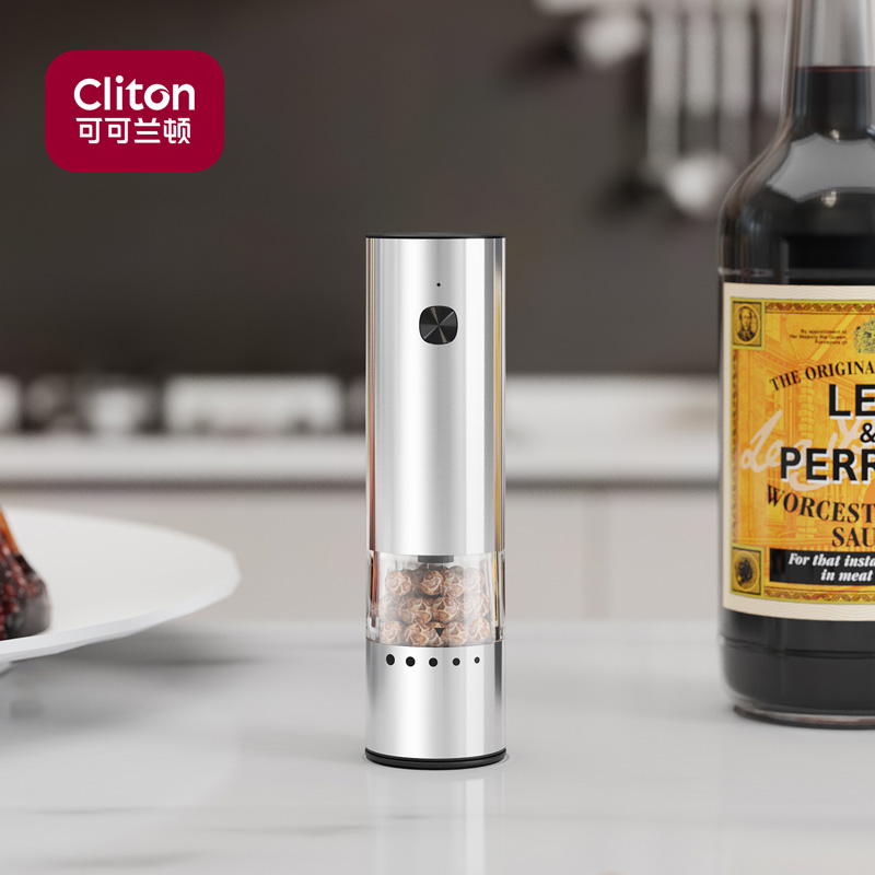Cliton电动黑胡椒海盐研磨器调料罐亚麻厨房家用自动不锈钢调料瓶