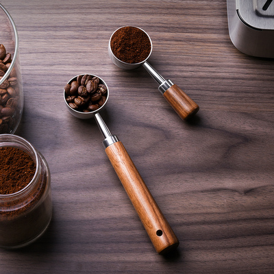 优质304不锈钢量勺木柄加长咖啡豆勺刻度勺计量勺烘焙小勺15mL