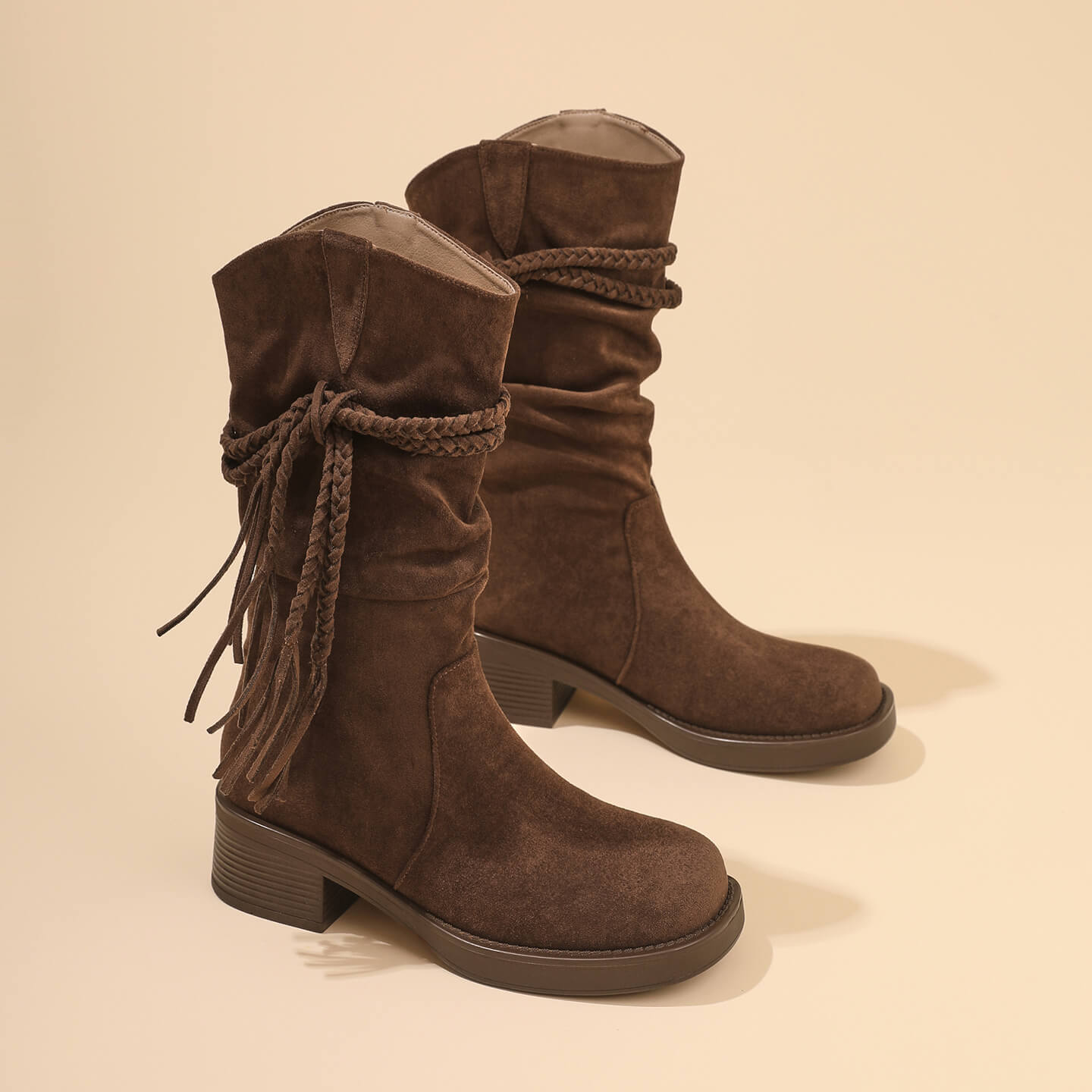 波西米流苏骑士靴粗跟不过膝长筒靴显瘦堆堆西部靴女羊猄绒复古