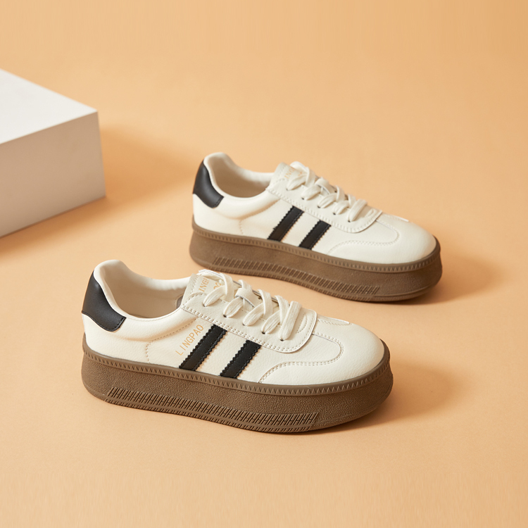 复古德训鞋女2024新款春季真皮厚底板鞋显脚小增高4CM休闲小白鞋