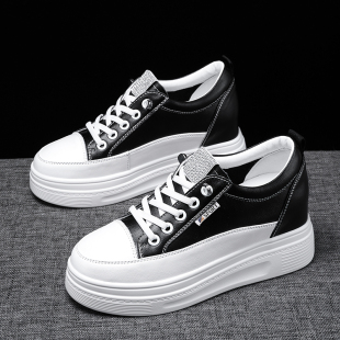 女 百搭水钻轻便休闲松糕鞋 厚底内增高7CM真皮小白鞋 女2025春秋季