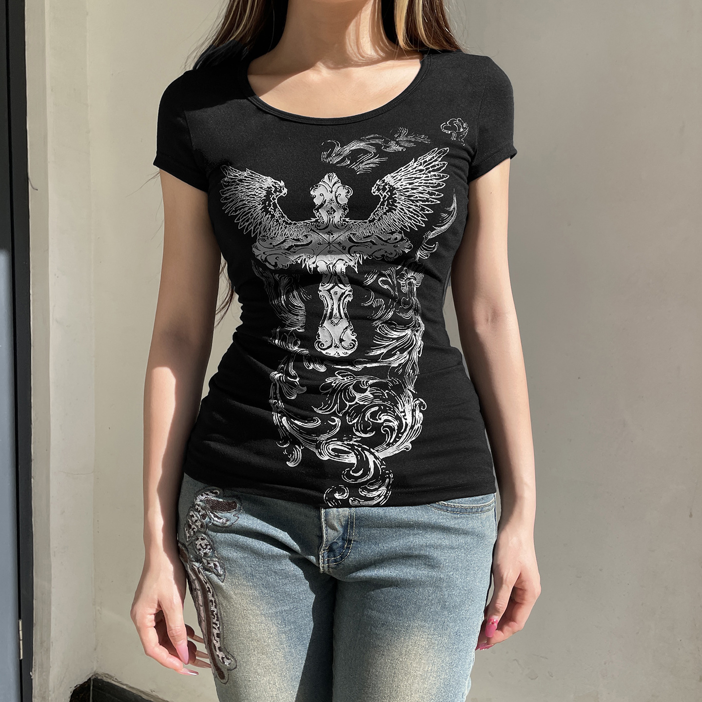 暗黑哥特风个性印花短袖t恤夏季新品修身圆领套头休闲上衣女