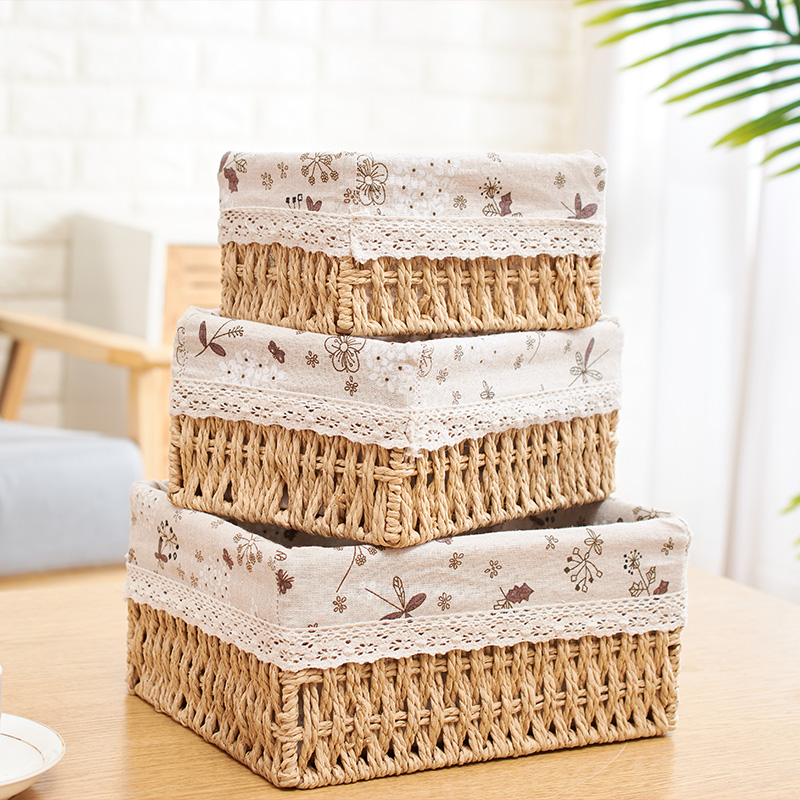 奇藤编织收纳筐桌面布艺草编筐