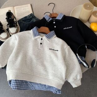 男童加绒卫衣2025冬季新款儿童双领休闲宽松上衣帅气时髦POLO衫潮