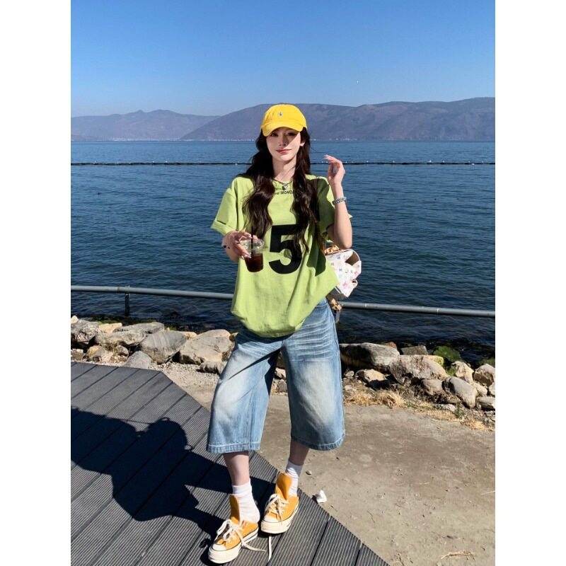 美式阔腿浅蓝色七分牛仔裤女春夏潮流百搭新款宽松显瘦直筒短裤子