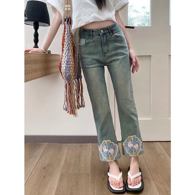 新中式国风牛仔裤女2025年春夏薄款高腰显瘦刺绣直筒烟管裤小个子