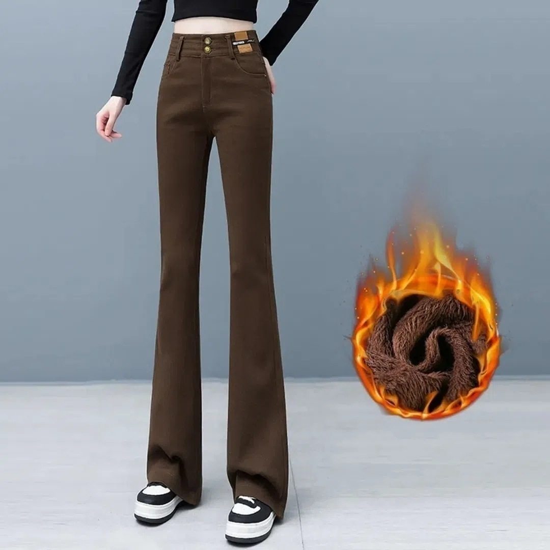 加绒加厚微喇牛仔裤女高腰显瘦马蹄喇叭长裤