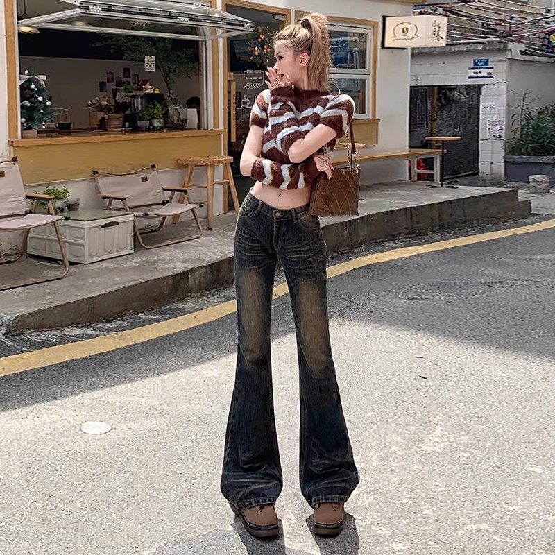 复古蓝显瘦百搭低腰牛仔裤女秋季新款微喇辣妹马蹄垂感拖地裤子潮